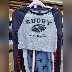 Navy and Gray Rugby Cropped Long Sleeve Tee